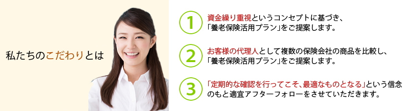 私たちのこだわりとは 1.資金繰り重視というコンセプトに基づき、「養老保険活用プラン」をご提案します。2.お客様の代理人として複数の保険会社の商品を比較し、「養老保険活用プラン」をご提案します。3.「定期的な確認を行ってこそ、最適なものとなる」という信念のもと「養老保険活用プラン」をご提案します。